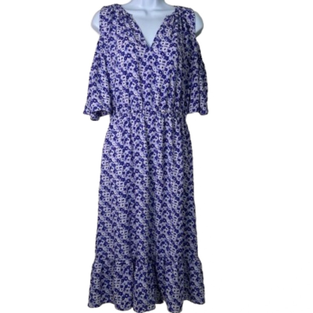 Michael Kors Floral Cold Shoulder Dress in Purple and White